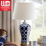 新古典现代中式蓝色雕花网格陶瓷台灯创意灯饰家居书房卧室客厅