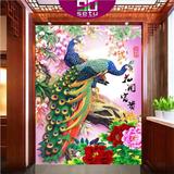 中式玄关壁画牡丹孔雀花开富贵走廊过道背景墙纸无缝整张背胶壁纸