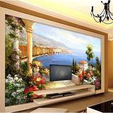 欧式3D立体壁画地中海风景画油画电视背景墙纸客厅沙发无缝壁纸