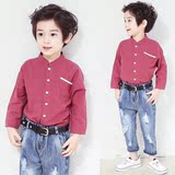 儿童男童衬衫长袖纯棉上衣男孩子学生韩版立领秋装衬衣3-5-6-8岁