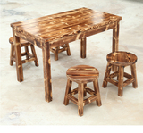 餐厅实木碳化复古餐桌椅组合饭店一桌四椅餐馆防腐木桌子小凳子
