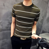 夏季时尚简约透气针织条纹T恤男装潮流韩版修身套头圆领短袖体恤