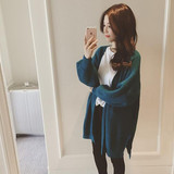2016秋季新款韩版毛衣女宽松中长款大码口袋针织开衫开衩长袖外套