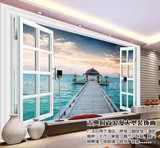 3D立体地中海大型壁画大海木桥客厅电视背景墙无缝无纺布墙纸壁纸