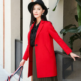 艾玫莉双面尼新款 女士大红纯色韩版羊毛大衣长款长袖毛呢外套