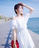 新款夏装韩版性感一字领露肩白色蕾丝连衣裙短裙甜美公主礼服裙女