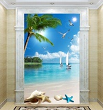 瓷砖墙砖 过道走廊 高清客厅壁画 大海沙滩帆船 3D玄关 地中海