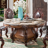 高档欧式餐桌圆桌 天然大理石餐桌1.6米实木餐桌椅组合圆形1.3米