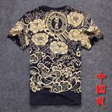 夏季男装日系潮牌黑社会个性短袖T恤 民族中国风霸气莲花纹身半袖