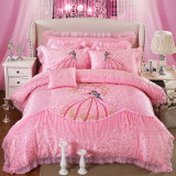 新婚喜庆床上用品纯棉四件套贡缎大红蕾丝粉色1.8m床双人被套床单