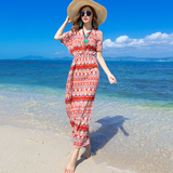 波西米亚海边沙滩裙露肩短袖民族风连衣裙夏度假修身显瘦印花长裙