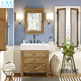 橡木美式台上盆浴室柜落地式小户型洗手盆柜组合原木色仿古卫浴柜