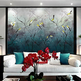 花鸟绿色定制中式电视墙壁纸 手绘卧室古典客厅墙纸 无缝环保壁画