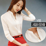夏秋新款韩版大码修身长袖职业衬衣女工作服气质V领白色雪纺衬衫
