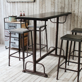 LOFT实木吧台桌椅美式工矿风酒吧桌椅组合复古做旧高脚桌椅高脚凳