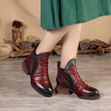 秋季民族风高跟真皮女靴子休闲 时尚手工牛皮粗跟短靴切尔西单靴