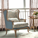 RH出口法式实木单人沙发椅美式乡村复古风化白蓝色花休闲椅老虎椅