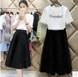 2016夏季新款两件套长裙子韩版短袖T恤+网纱修身长裙套装半身裙女