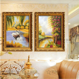 三联油画天鹅湖风景客厅美式欧式喷绘卧室壁画装饰画餐厅挂画玄关