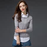 2016春季新款假两件韩版短款毛衣拼接衬衫领纯色套头羊毛打底衫女