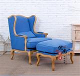美式实木沙发做旧复古沙发椅 花布麻布老虎椅新古典实木沙发脚踏