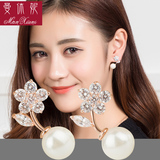 曼休妮天然珍珠耳钉女韩国甜美气质玫瑰金个性花朵锆石耳环防过敏