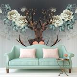 手绘花卉麋鹿背景墙纸欧式唯美复古客厅沙发壁纸立体壁画无缝墙布