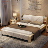 全实木床白蜡木床1.8米双人床头层真皮床简约现代婚床北欧风格