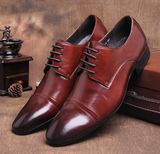 高端手工皮鞋定制 英伦风系带尖头三接头纯色固特异 宴会商务男鞋