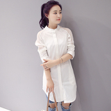 2016新款韩版女士衬衫长袖 小圆领 中长款 显瘦 上衣 时尚 连肩袖