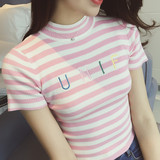 韩国范 彩色条纹刺绣字母高领短袖T恤 弹力显瘦高腰短款针织衫女