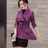2016春装新款女款时尚韩版修身显瘦鹿皮绒短款风衣外套配腰带