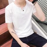 夏装短袖t恤男韩版纯色大码青少年无领半袖T恤男运动打底衫潮男装