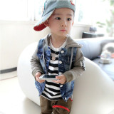 春秋新款韩版中小男童牛仔外套童装 针织拼接连帽牛仔夹克外套