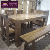 德加家具 老榆木中式全实木餐桌椅组合 乡村风格餐桌椅带长凳定制