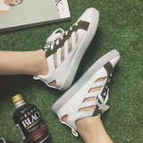 2016夏款韩版做旧休闲鞋镂空复古运动鞋复古拼色女鞋系带平跟凉鞋