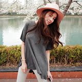 2016韩国简约纯棉短袖T恤女夏中长款圆领纯色宽松显瘦学生打底衫