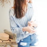 韩国代购女装夏装2016新款cherrykoko韩版小清新天蓝条纹长袖衬衫