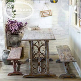 美式乡村复古做旧原木桌椅组合餐厅桌椅咖啡馆茶餐厅家居休闲桌椅