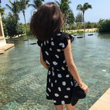 2016夏清新黑色小雏菊印花图案舒适减龄小飞袖修身连身短裤连体裤