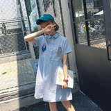 2016夏季新款韩版可爱卡通刺绣短袖条纹连衣裙少女学生装夏天裙子
