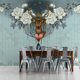 北欧复古创意花卉背景墙纸壁纸卧室客厅大型壁画墙布手绘麋鹿