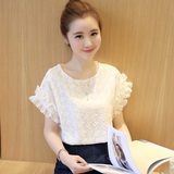 2016夏季新款韩版女装雪纺衫蕾丝喇叭袖短袖小清新镂空T恤打底衫