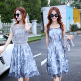 雪纺连衣裙2016夏季新款韩版大码女装修身显瘦淑女印花两件套装裙