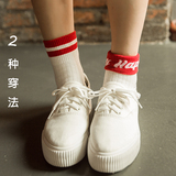 韩国翻边学院风条纹二杠袜子女纯棉中筒运动潮女袜子日系棒球袜