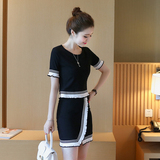 韩版名媛小香风时尚两件套装女夏季休闲显瘦短袖上衣半身裙子套裙