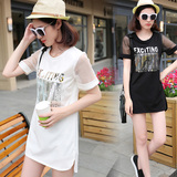 大码女装夏季韩版新款时尚条码印花t恤衫中长款网纱修身显瘦短袖