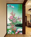 中式3D立体古典牡丹花鸟山水风景过道走廊玄关背景墙大型壁画