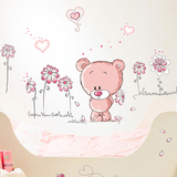 粉色花丛中可爱小熊儿童卧室墙贴 幼儿床头早教背景装饰可移除贴