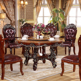 欧式餐桌美式天然大理石餐桌实木雕花圆桌橡木红木餐桌椅组合6人